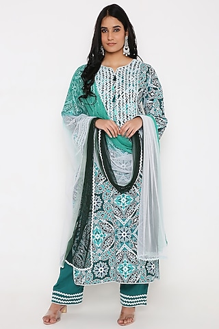 Green Rayon Digital Printed Kurta Set by Bha-sha