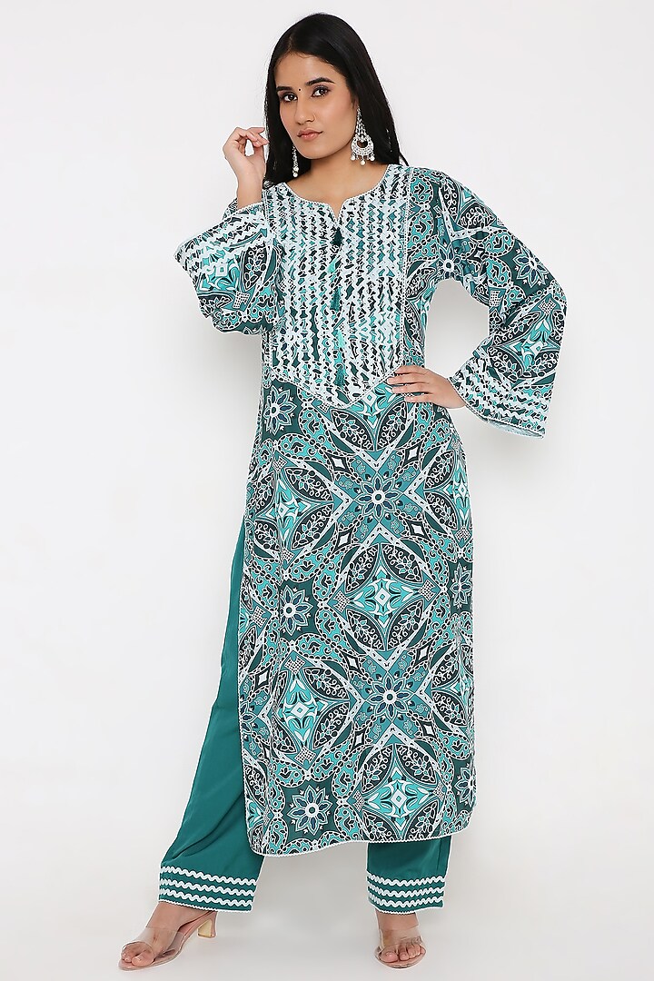 Green Rayon Digital Printed Kurta Set by Bha-sha at Pernia's Pop Up Shop