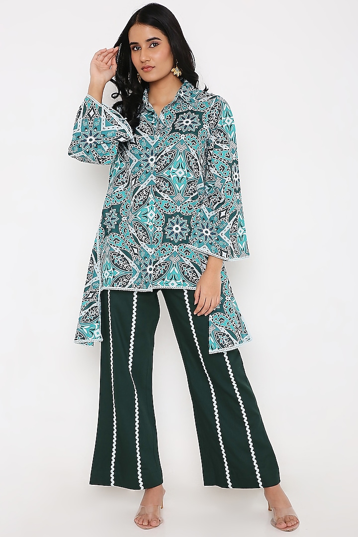 Green Rayon Poplin Digital Printed Tunic Set by Bha-sha
