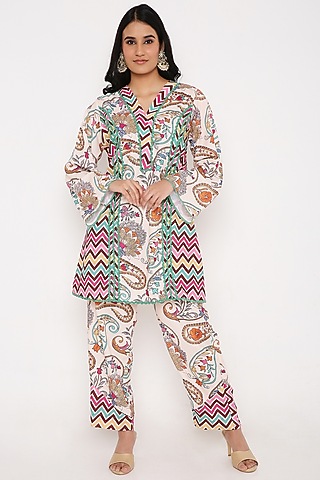 Ivory Modal Satin Digital Printed Pant Set by Bha-sha