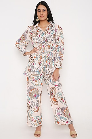 Ivory Modal Satin Digital Printed Pant Set by Bha-sha