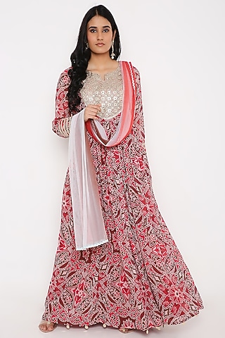 Red Georgette Digital Printed Anarkali Set by Bha-sha