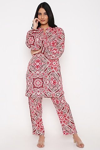 Red Cotton Rayon Digital Printed Kurta Set by Bha-sha