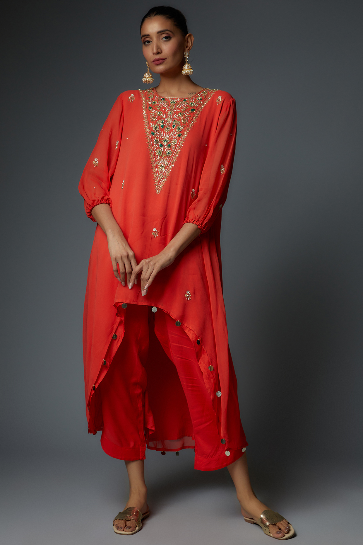 Orange Georgette Embroidered Tunic Set by Bha-sha at Pernia's Pop Up Shop