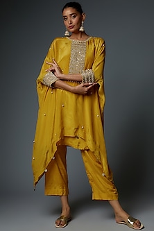 Yellow Silk Crepe Embroidered Kaftan Set Design by Bha-sha at Pernia's ...