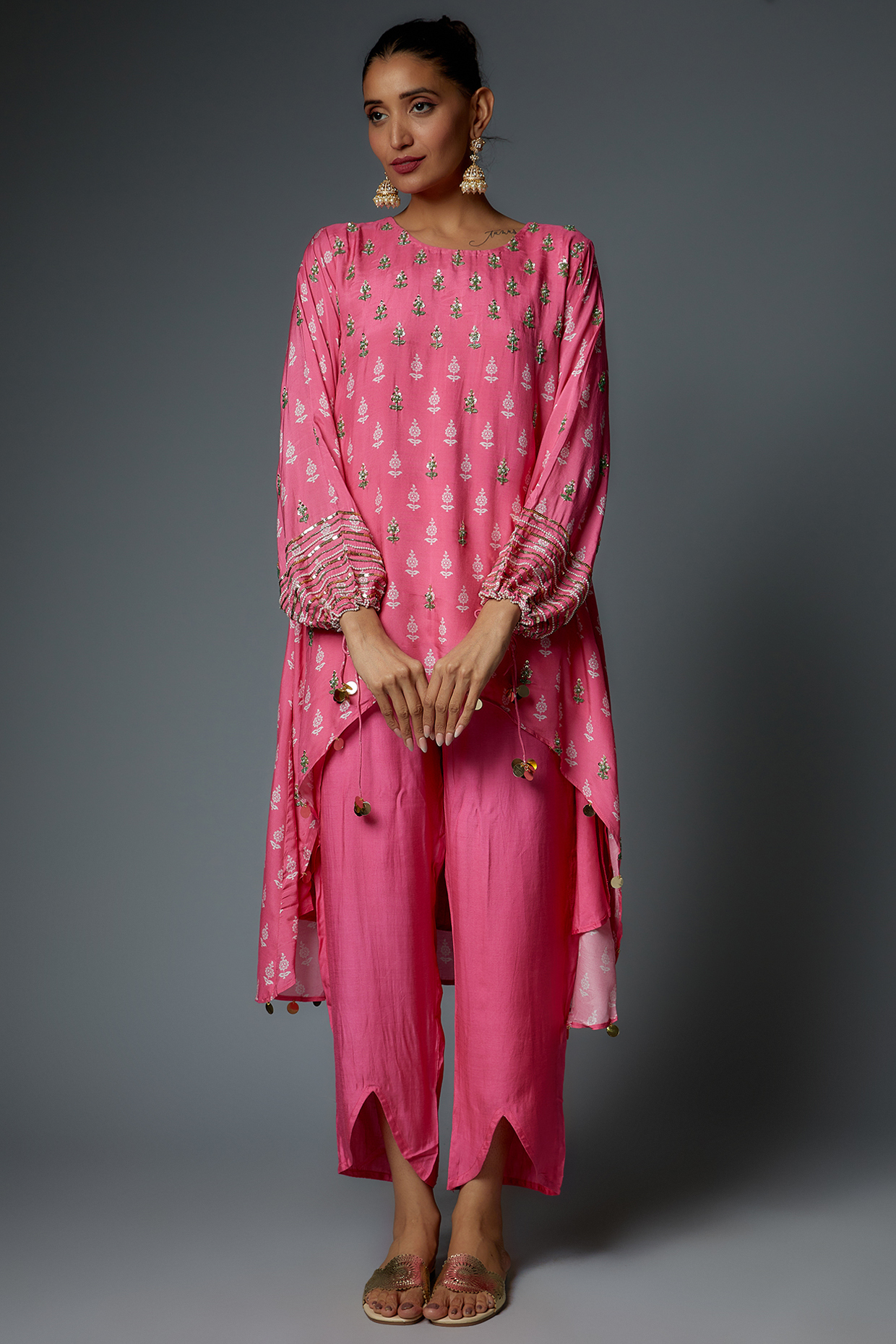 Pink Chanderi Printed & Embroidered Tunic Set by Bha-sha at Pernia's Pop Up Shop
