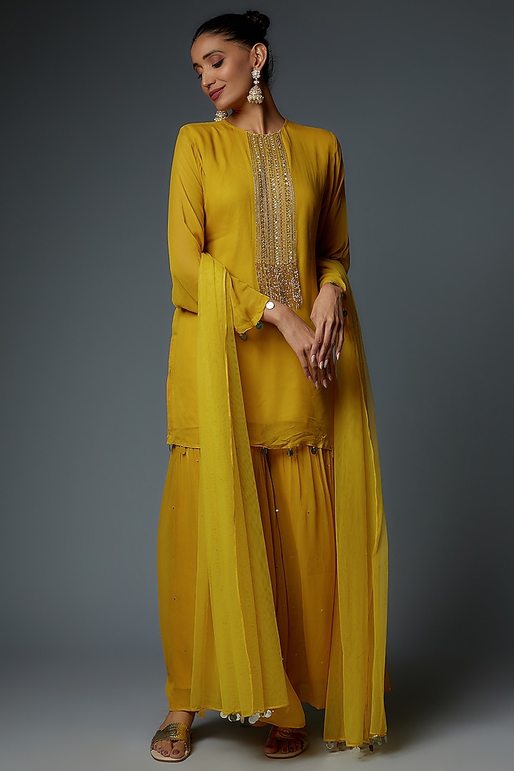 Yellow Georgette Sharara Set by Bha-sha