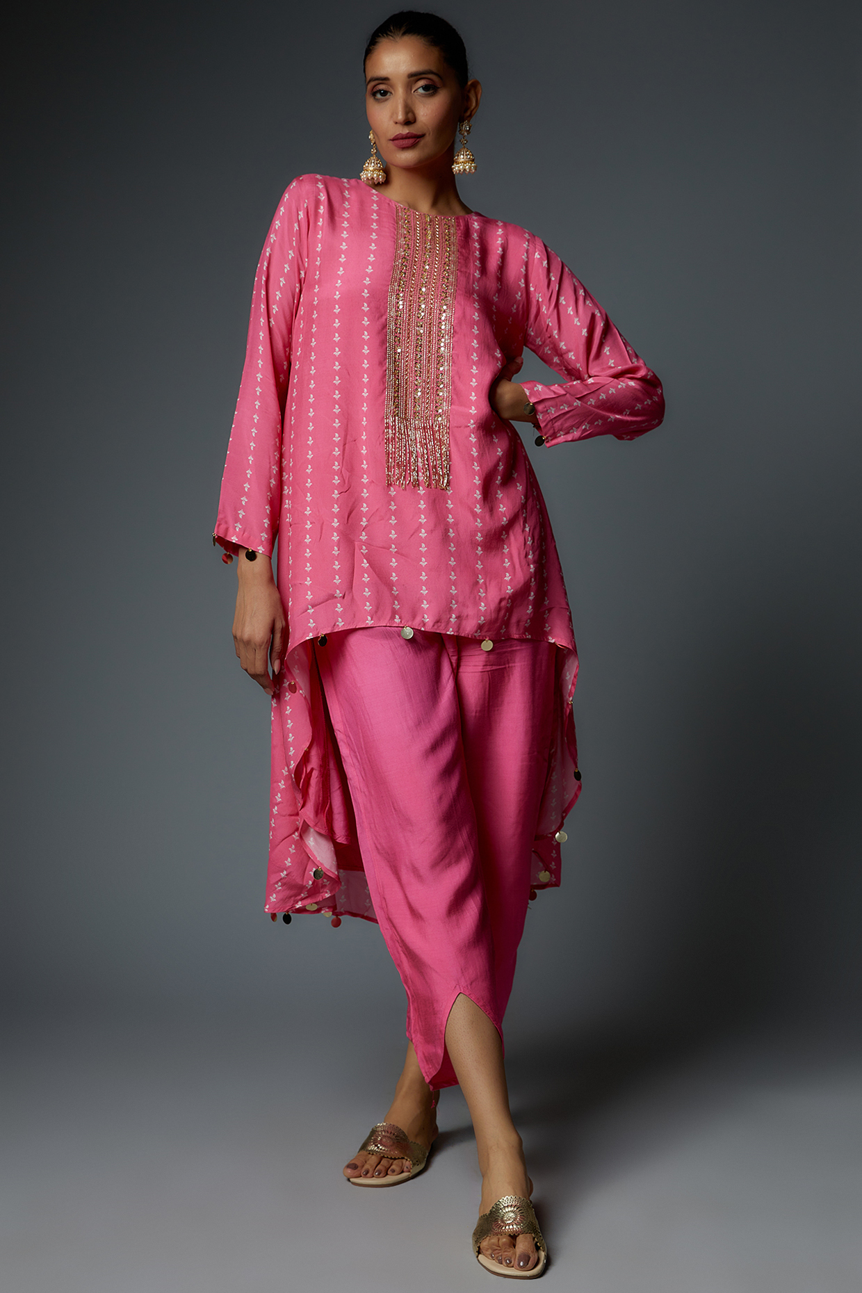Pink Chanderi Printed & Embroidered Asymmetric Tunic Set by Bha-sha at Pernia's Pop Up Shop