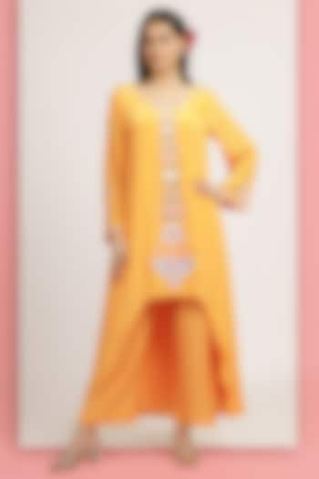 Marigold Yellow Crepe Resham Embroidered High-Low Tunic Set by Bha-sha at Pernia's Pop Up Shop