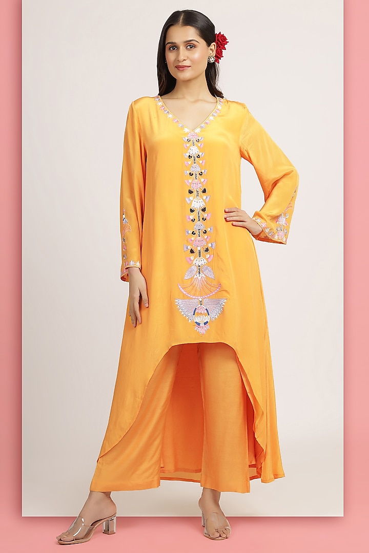 Marigold Yellow Crepe Resham Embroidered High-Low Tunic Set by Bha-sha at Pernia's Pop Up Shop