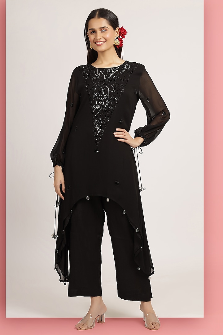 Coal Black Georgette Bead Embellished Tunic Set by Bha-sha at Pernia's Pop Up Shop