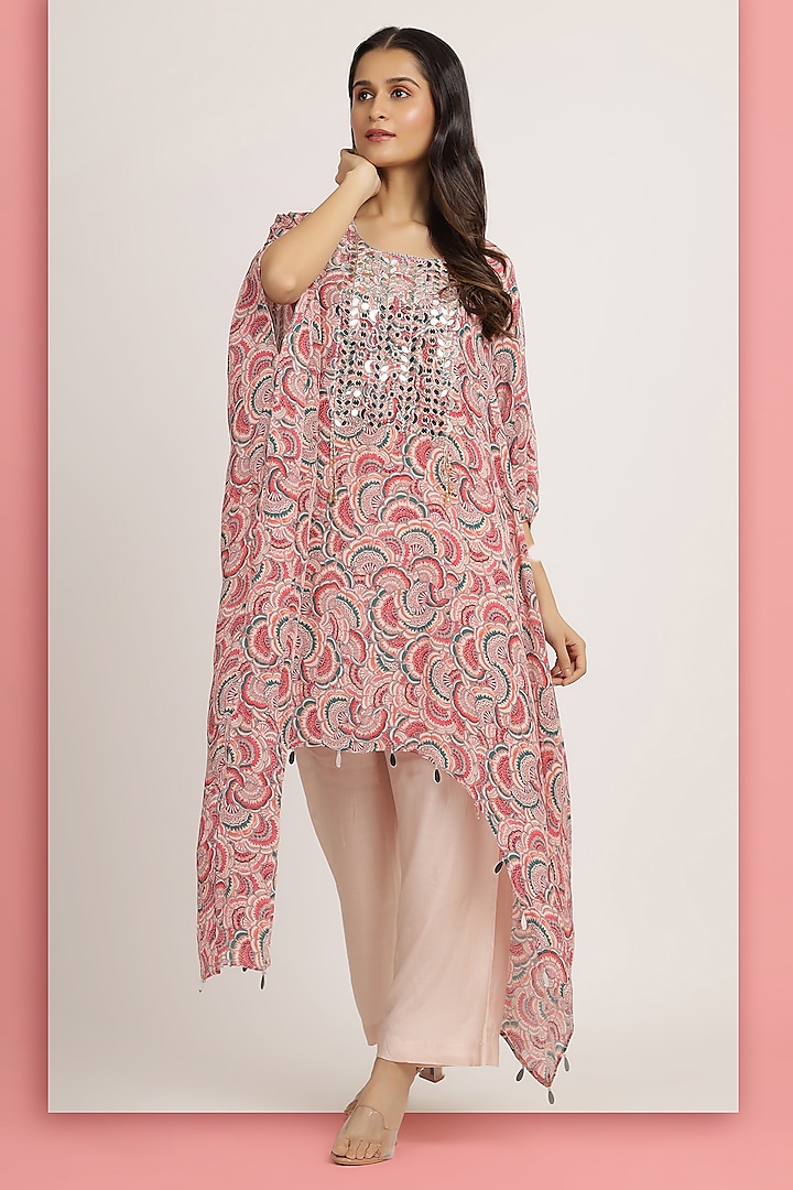 Rose Pink Crepe Printed & Acrylic Embellished Kaftan Set by Bha-sha at Pernia's Pop Up Shop