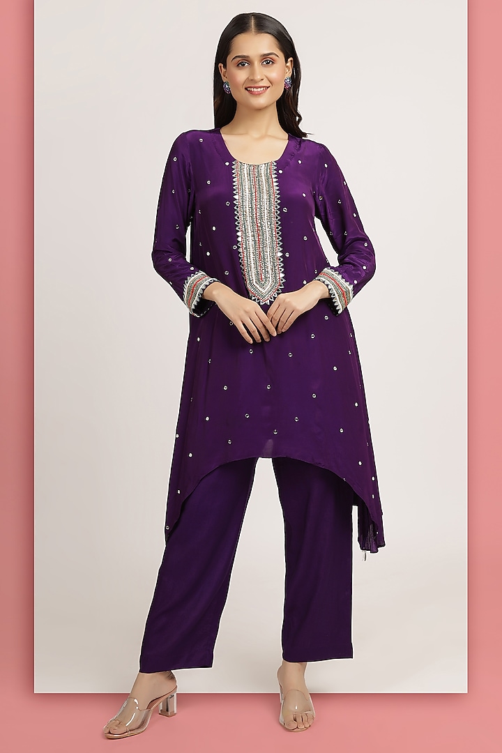 Royal Purple Crepe Acrylic Embellished Tunic Set by Bha-sha