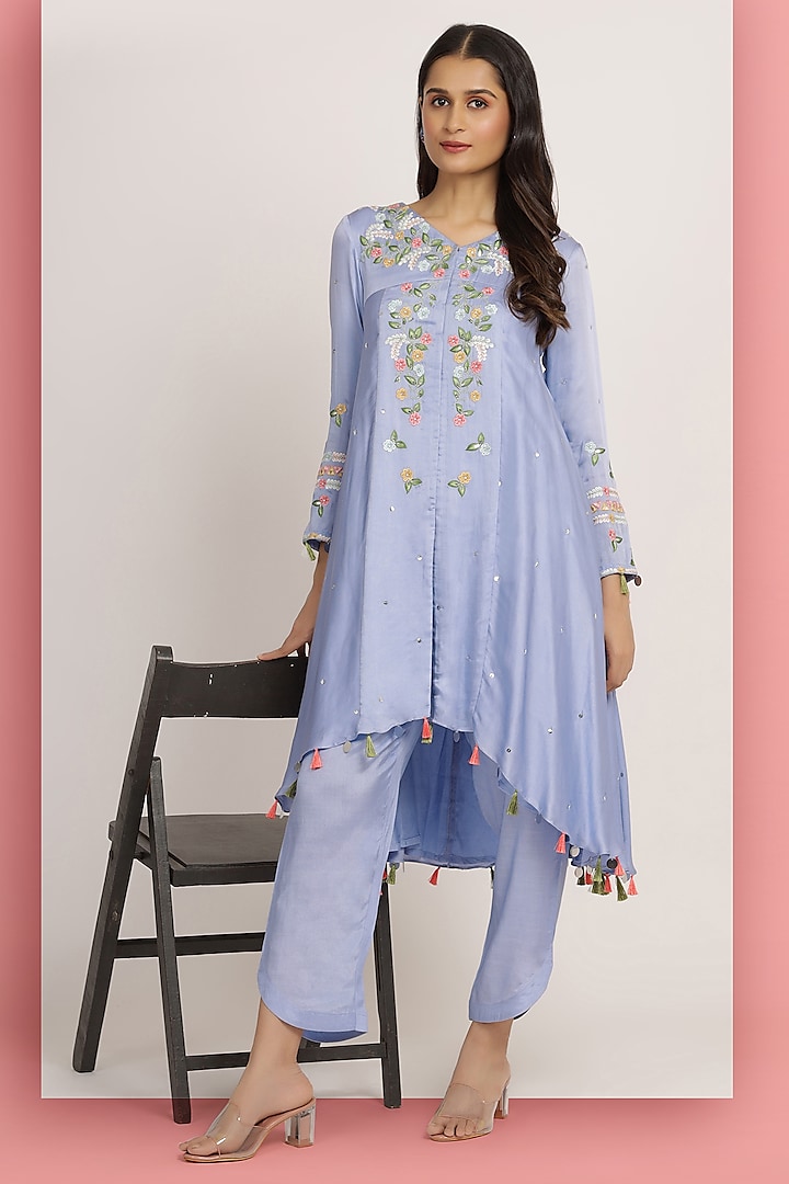 Lavender Modal Satin Floral Embroidered Tunic Set by Bha-sha at Pernia's Pop Up Shop