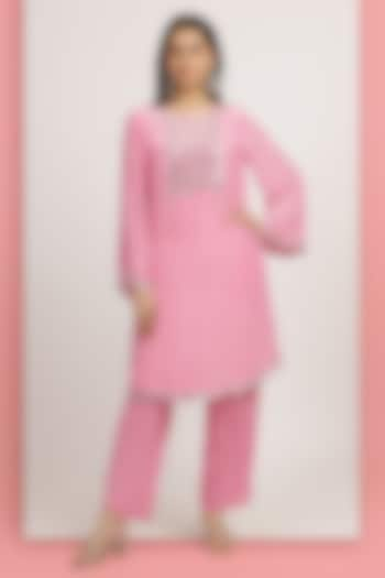 Bubblegum Pink Crepe Bead Embellished A-Line Tunic Set by Bha-sha at Pernia's Pop Up Shop