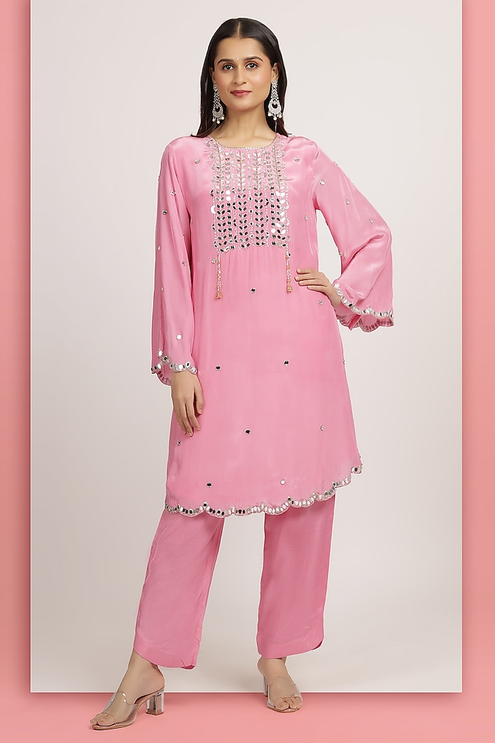 Bubblegum Pink Crepe Bead Embellished A-Line Tunic Set by Bha-sha at Pernia's Pop Up Shop