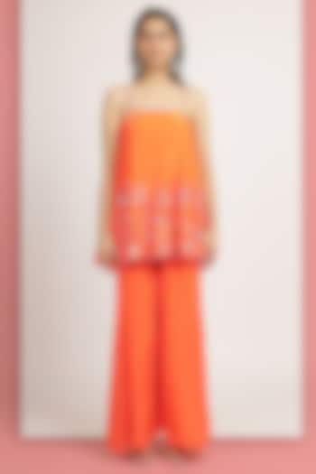 Tangerine Crepe Floral Embroidered Flared Tunic Set by Bha-sha at Pernia's Pop Up Shop