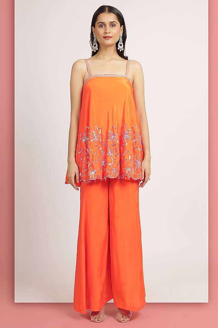 Tangerine Crepe Floral Embroidered Flared Tunic Set by Bha-sha at Pernia's Pop Up Shop