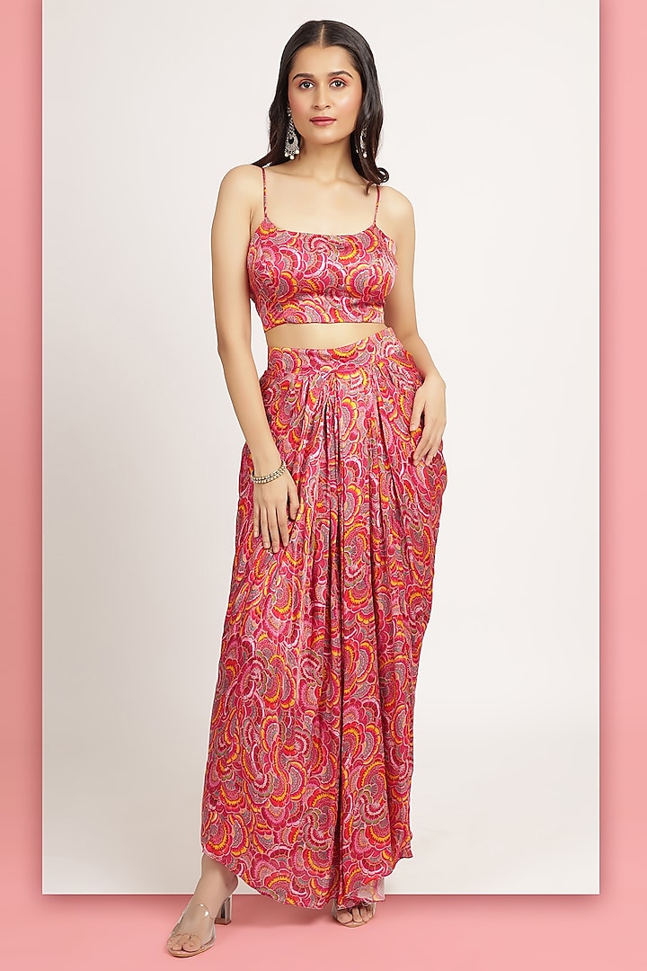 Magenta Modal Satin Printed Draped Skirt Set by Bha-sha at Pernia's Pop Up Shop