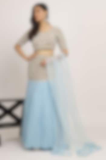 Baby Blue Georgette Sequins & Pearl Mermaid Wedding Lehenga Set by Bha-sha at Pernia's Pop Up Shop