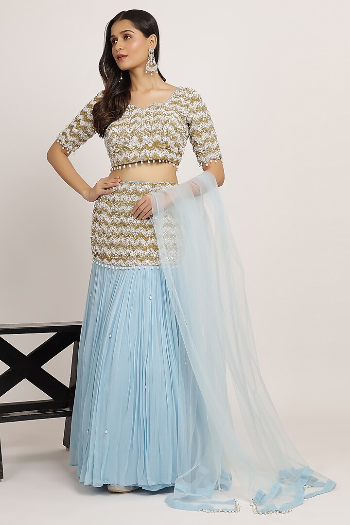 Baby Blue Georgette Sequins & Pearl Mermaid Wedding Lehenga Set by Bha-sha at Pernia's Pop Up Shop