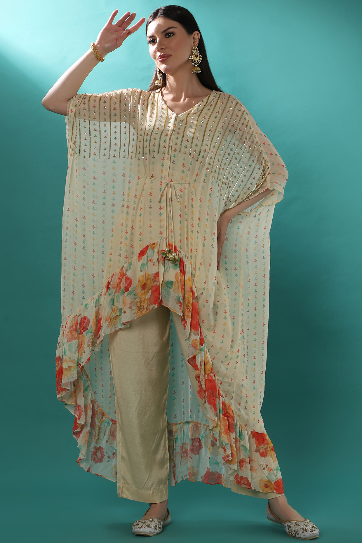 Ivory Georgette Printed & Embroidered Kaftan Set by Bha-sha at Pernia's Pop Up Shop