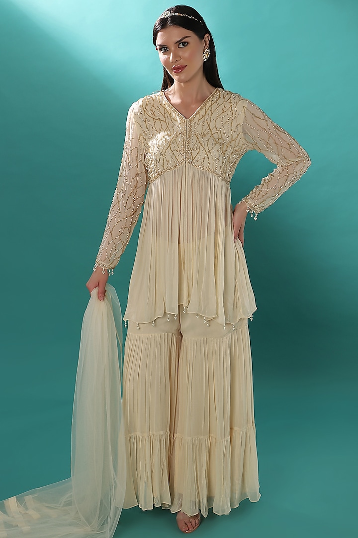 Ivory Georgette Party Wear Sharara Set by Bha-sha at Pernia's Pop Up Shop