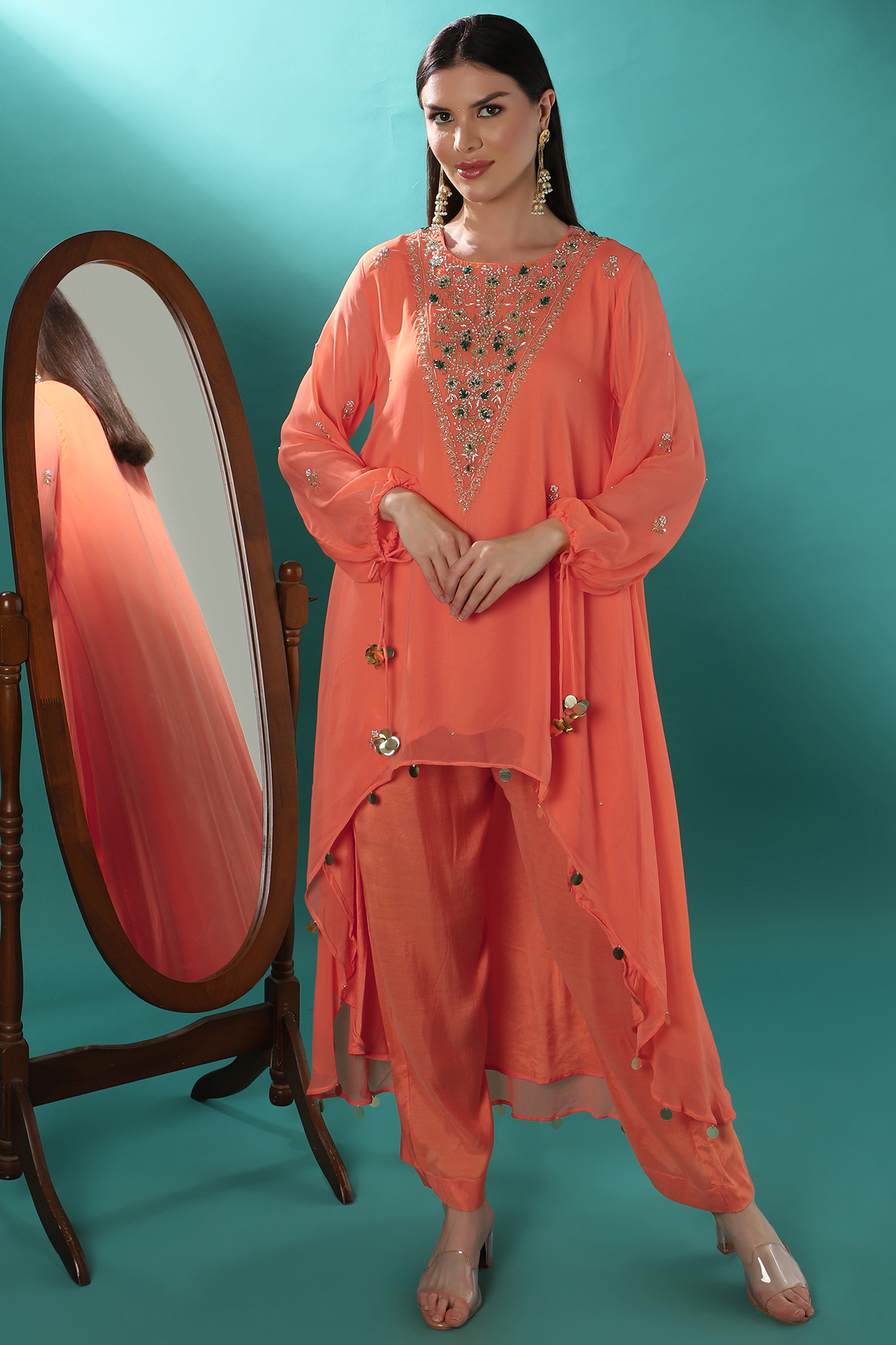 Orange Georgette Embroidered Tunic Set by Bha-sha at Pernia's Pop Up Shop