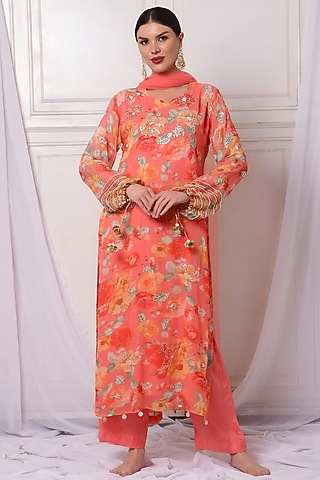 Orange Georgette Digital Printed & Pearl Embroidered Kurta Set by Bha-sha