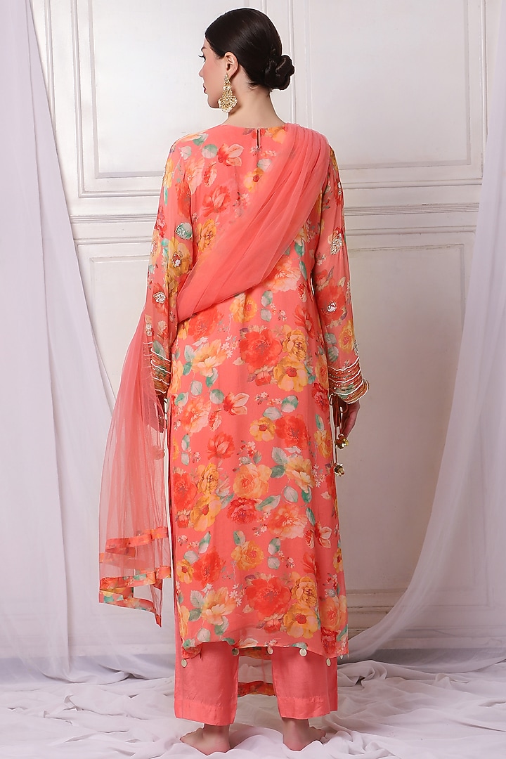 Orange Georgette Digital Printed & Pearl Embroidered Kurta Set by Bha-sha at Pernia's Pop Up Shop