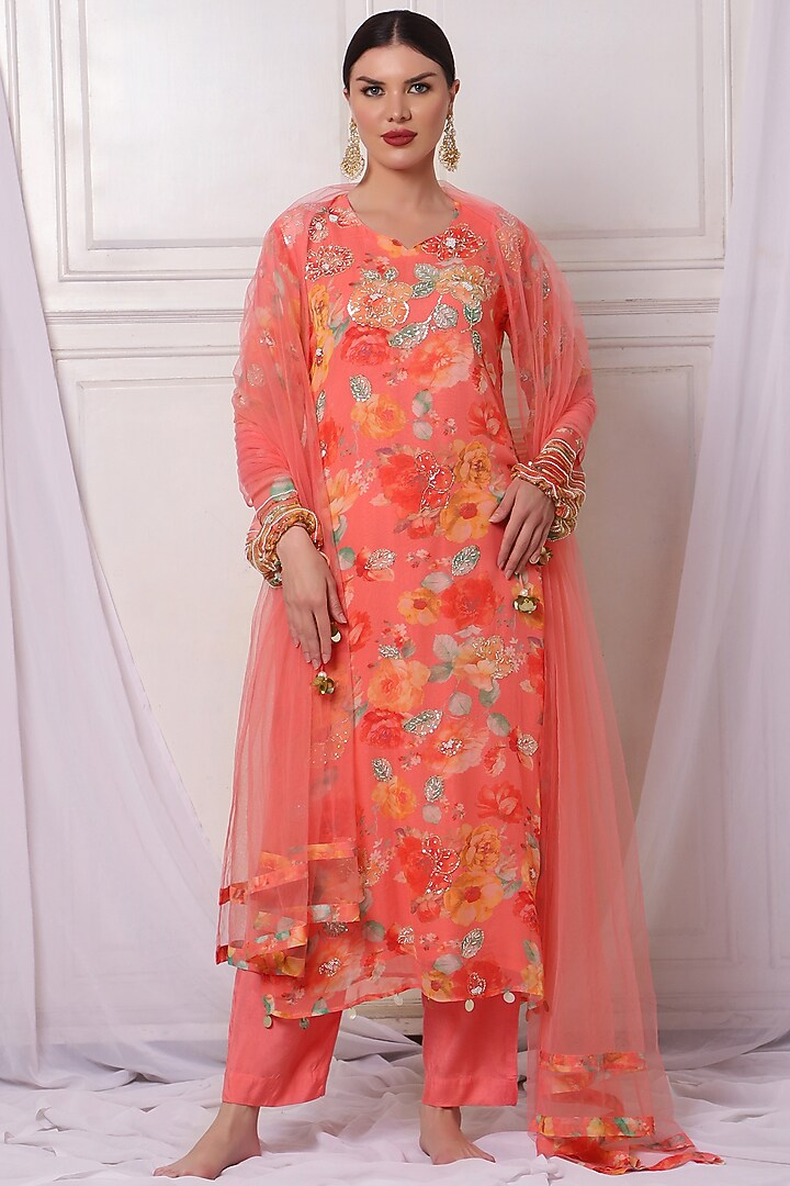 Orange Georgette Digital Printed & Pearl Embroidered Kurta Set by Bha-sha at Pernia's Pop Up Shop