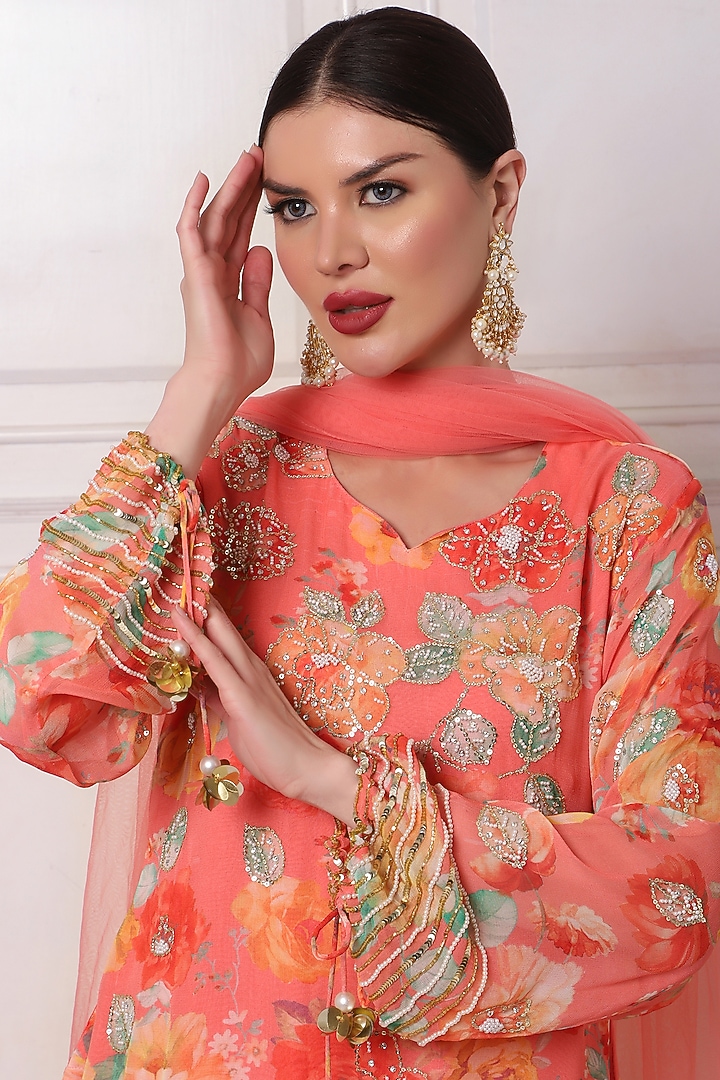 Orange Georgette Digital Printed & Pearl Embroidered Kurta Set by Bha-sha at Pernia's Pop Up Shop
