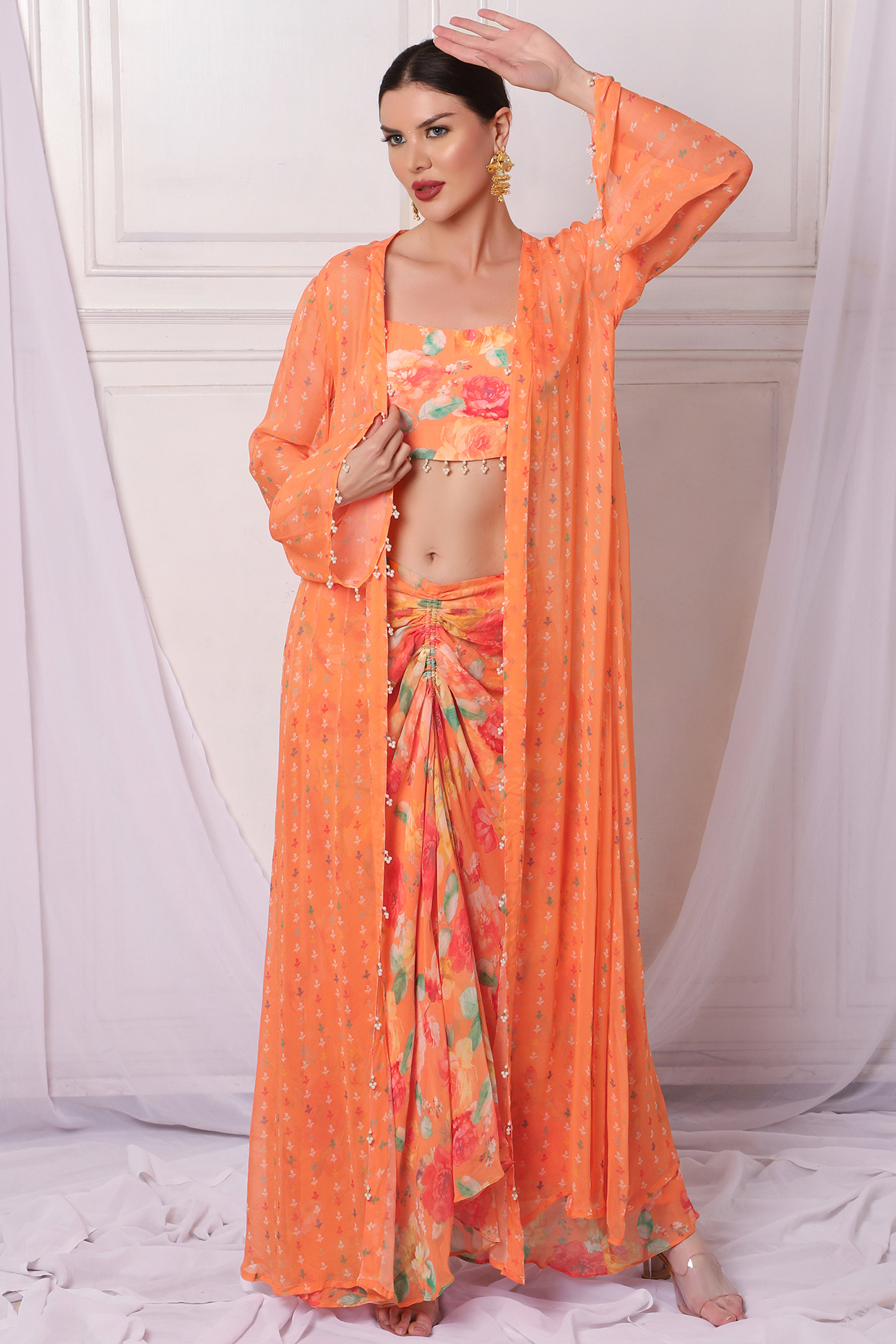 Orange Georgette Embellished Jacket Set  by Bha-sha at Pernia's Pop Up Shop