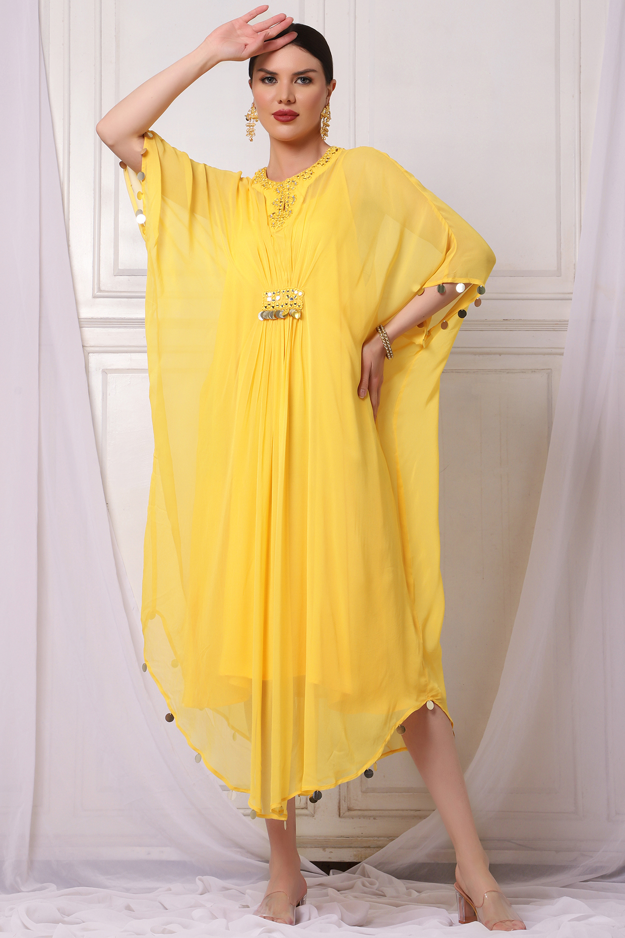 Yellow Georgette Embroidered Kaftan by Bha-sha at Pernia's Pop Up Shop