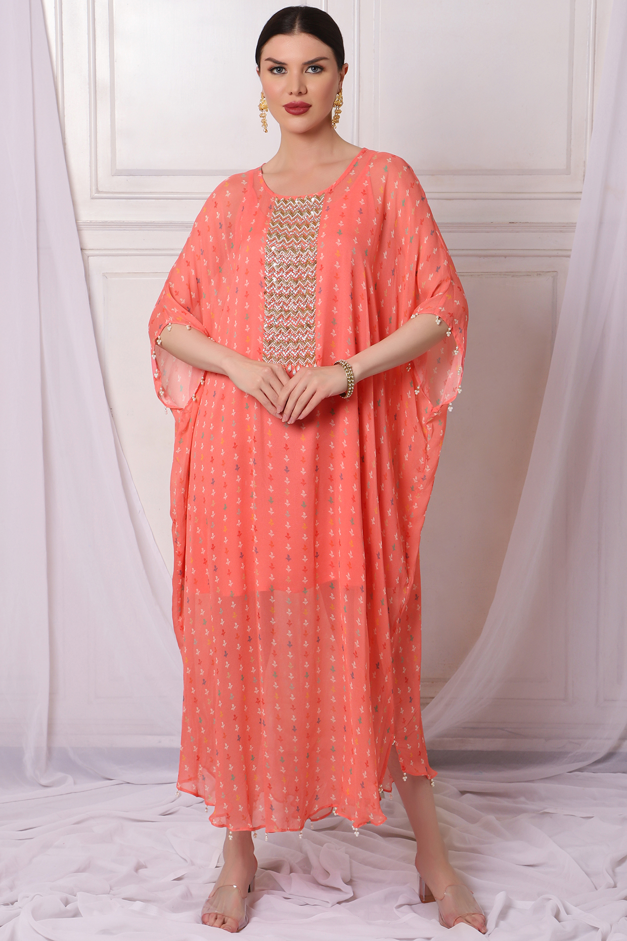 Pink Georgette Printed & Embroidered Kaftan by Bha-sha at Pernia's Pop Up Shop