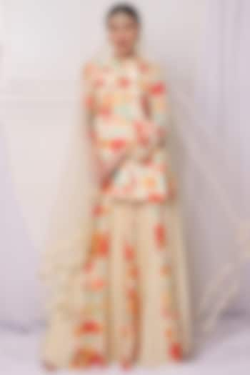 Ivory Chanderi Printed Kalidar Wedding Lehenga Set by Bha-sha at Pernia's Pop Up Shop