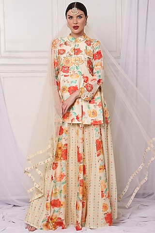 Ivory Chanderi Printed Kalidar Lehenga Set by Bha-sha