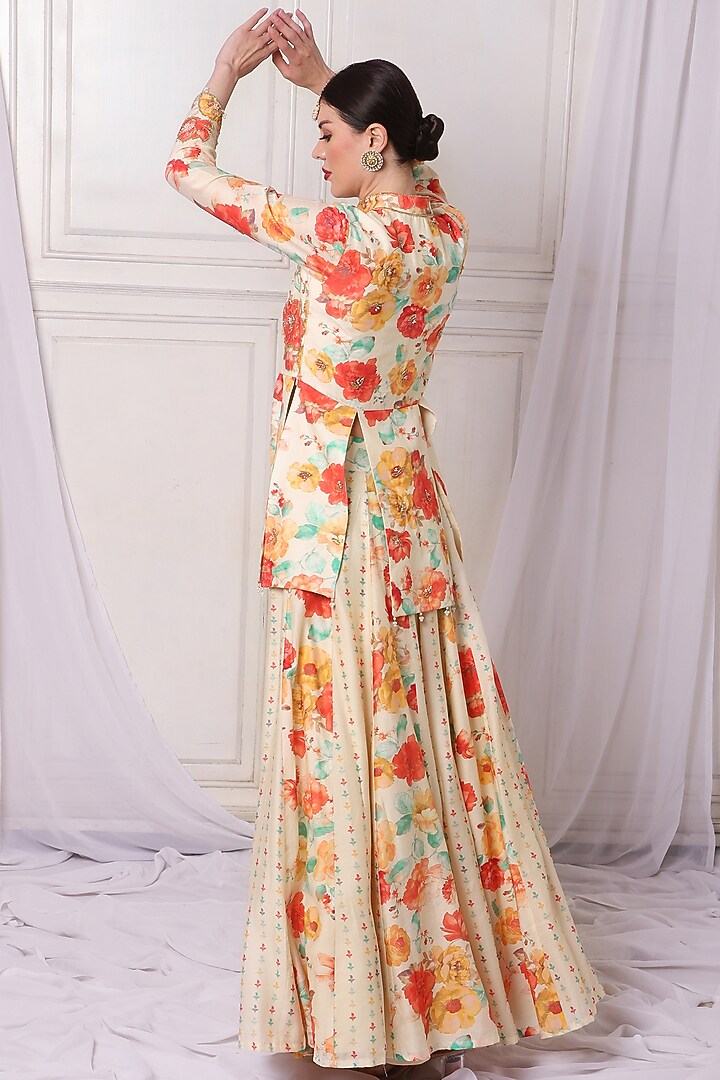 Ivory Chanderi Printed Kalidar Wedding Lehenga Set by Bha-sha at Pernia's Pop Up Shop