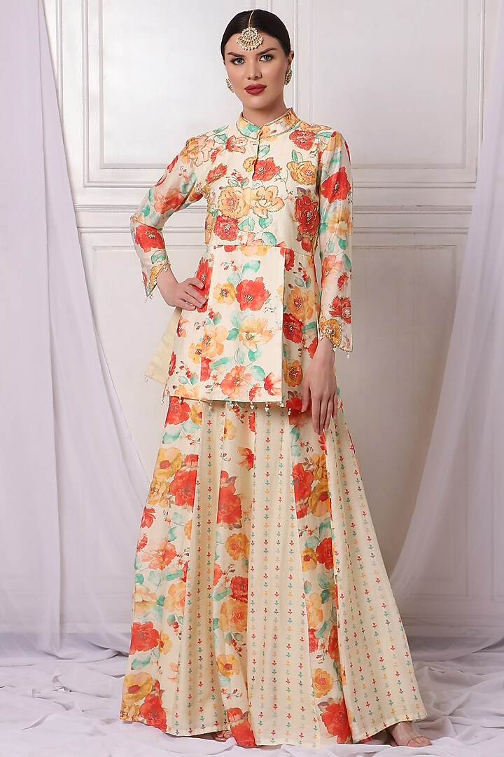Ivory Chanderi Printed Kalidar Wedding Lehenga Set by Bha-sha at Pernia's Pop Up Shop