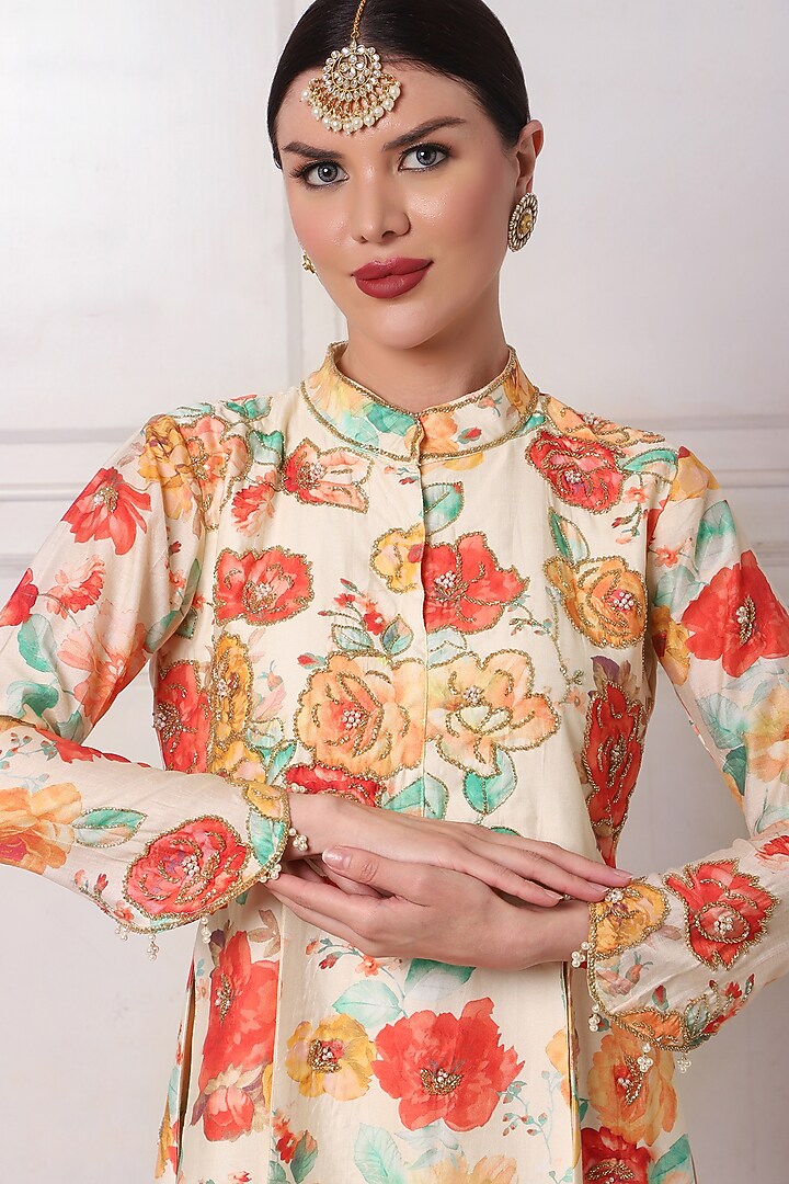 Ivory Chanderi Printed Kalidar Wedding Lehenga Set by Bha-sha at Pernia's Pop Up Shop