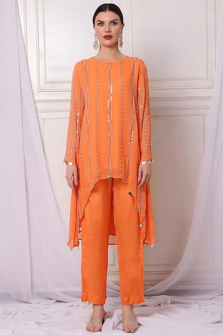 Orange Georgette Embroidered Tunic Set by Bha-sha at Pernia's Pop Up Shop