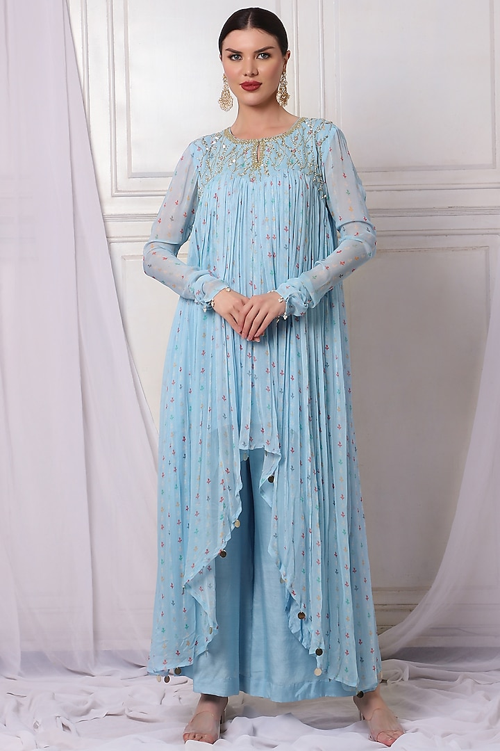 Sea Blue Georgette Embroidered Tunic Set by Bha-sha