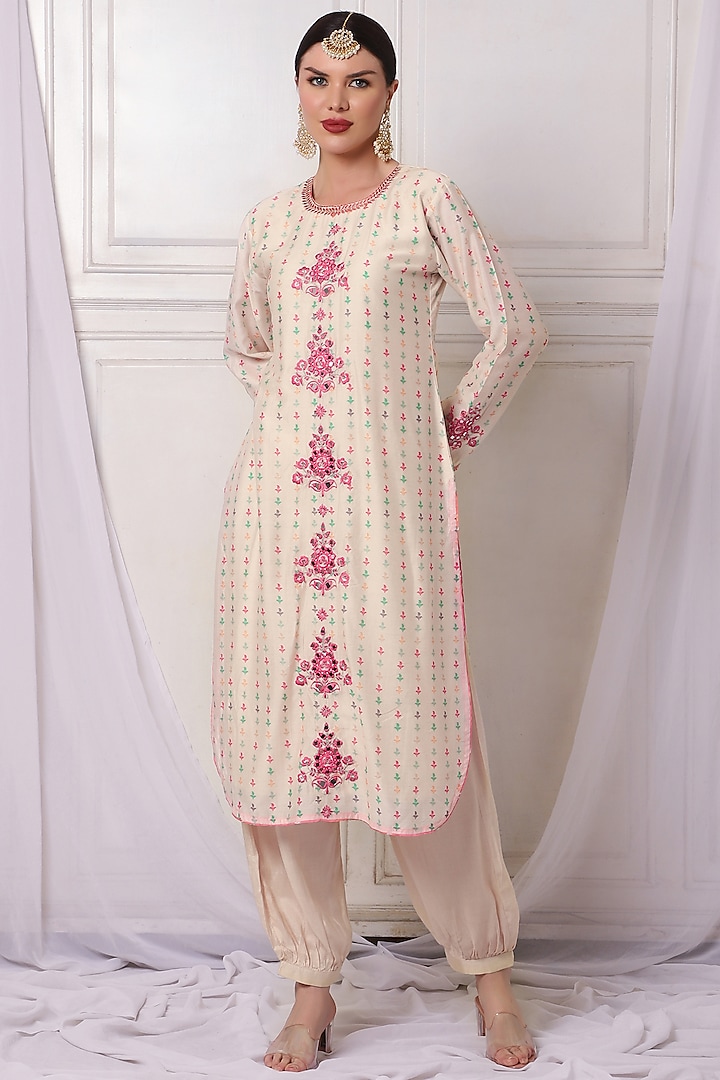 Ivory Chanderi Digital Printed & Mirror Embroidered Kurta Set by Bha-sha at Pernia's Pop Up Shop