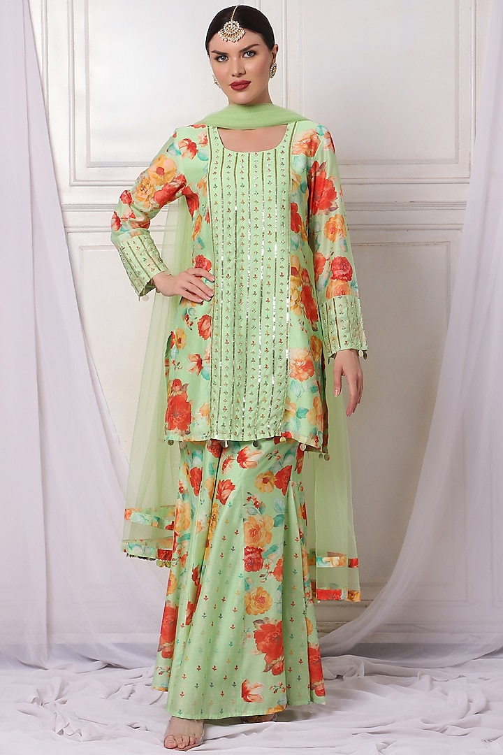 Mint Chanderi Printed & Embroidered Sharara Set by Bha-sha at Pernia's Pop Up Shop