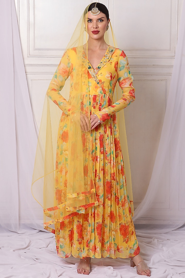 Yellow Georgette Printed & Embroidered Anarkali Set by Bha-sha at Pernia's Pop Up Shop