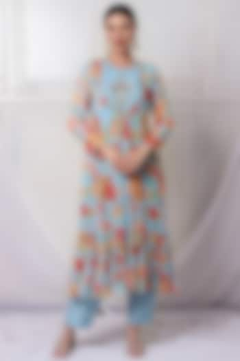 Ice Blue Georgette Digital Printed Jacket Kurta Set by Bha-sha at Pernia's Pop Up Shop