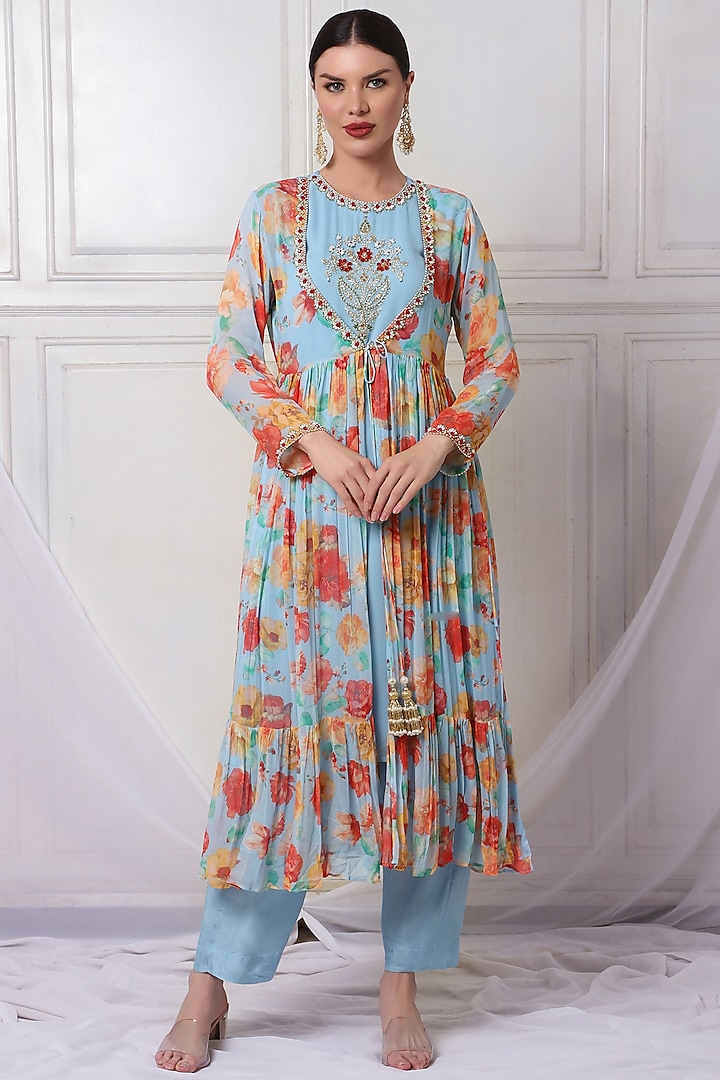 Ice Blue Georgette Digital Printed Jacket Kurta Set by Bha-sha at Pernia's Pop Up Shop