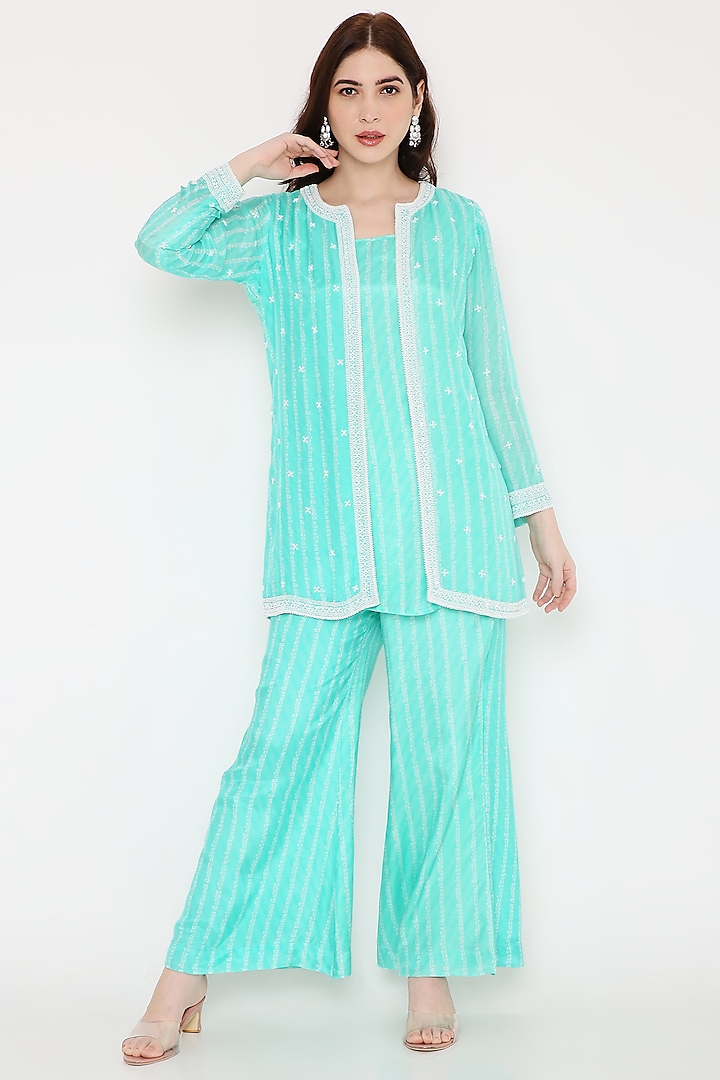 Sea Blue Muslin Tunic Set With Jacket by Bha-sha at Pernia's Pop Up Shop