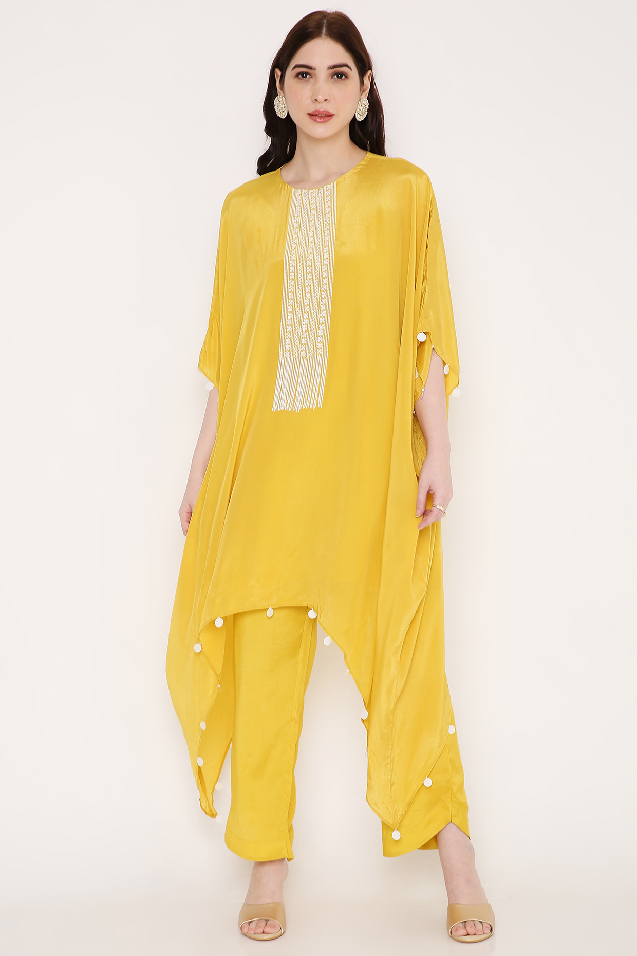 Mustard Embroidered Kaftan Set by Bha-sha at Pernia's Pop Up Shop
