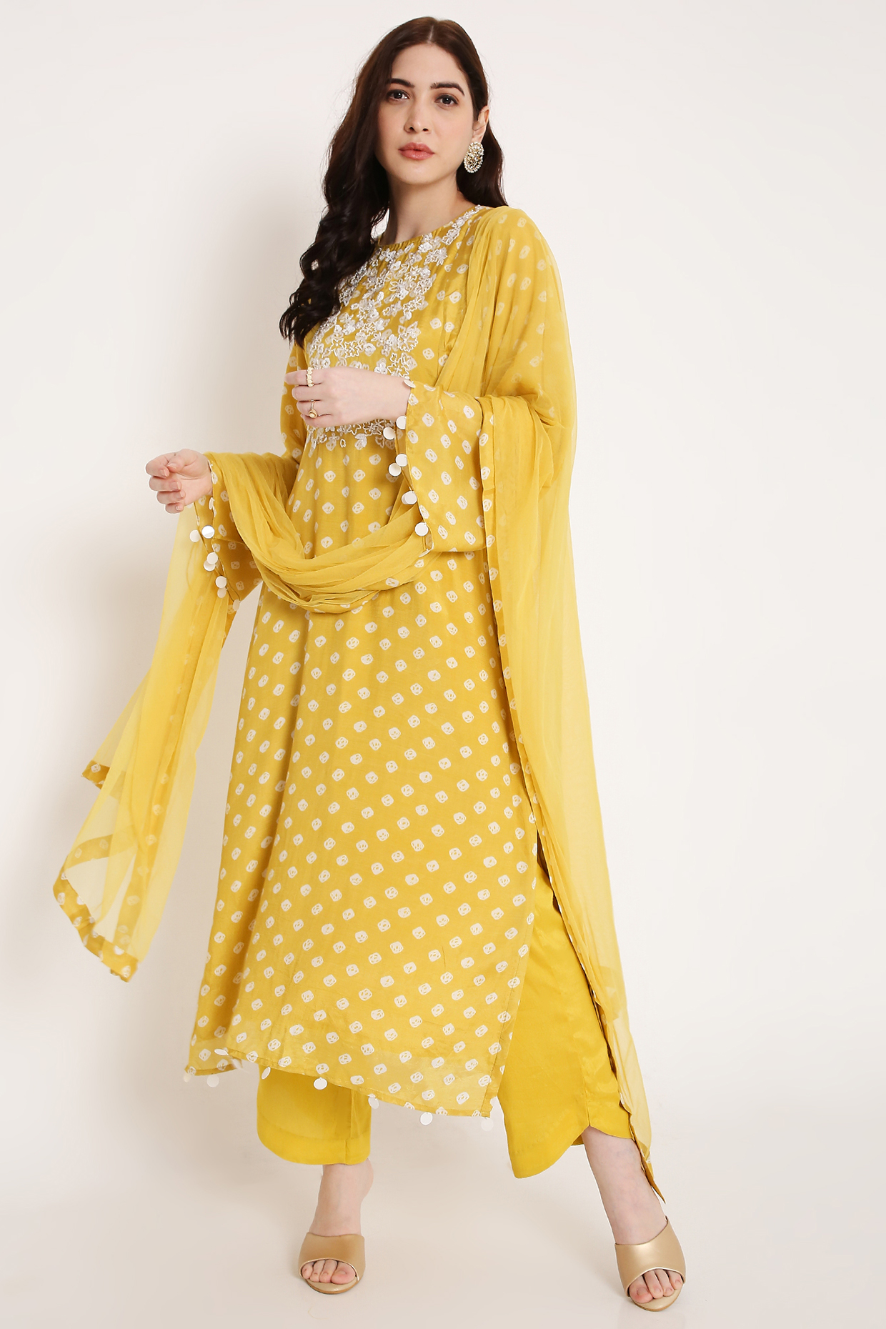 Mustard Embroidered Kurta Set by Bha-sha at Pernia's Pop Up Shop